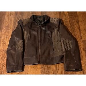 Raffaelo Leather Jacket Womens Medium Brown Woven Panel Moto Biker Full Zip Coat
